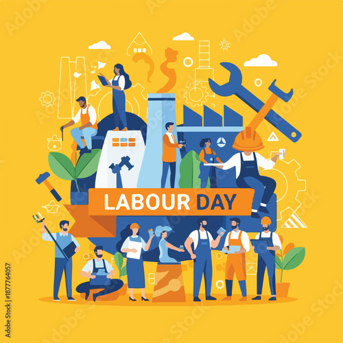 A colorful illustration of workers celebrating Labour Day with tools (1)