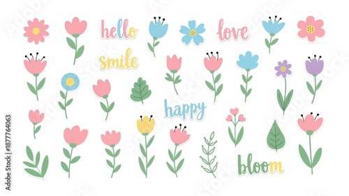 Delicate Floral Delight: A charming assortment of hand-drawn flowers in soft pastel hues, each petal and stem crafted with care. Featuring floral accents and whimsical typography.