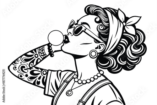  Retro pinup style, woman with curly hair, cat-eye glasses, blowing bubble gum, tattoo sleeves, choker necklace, pendant, vintage look, black and white illustration, detailed line art, 1950s inspired
