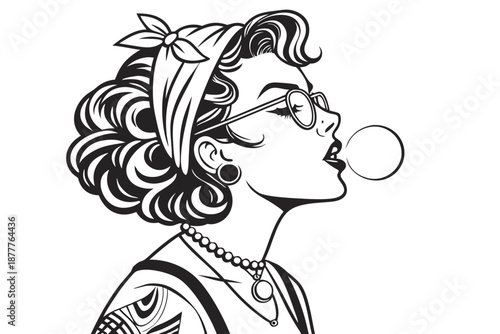  Retro pinup style, woman with curly hair, cat-eye glasses, blowing bubble gum, tattoo sleeves, choker necklace, pendant, vintage look, black and white illustration, detailed line art, 1950s inspired