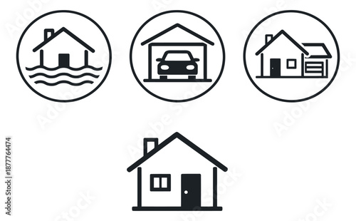Line art house icons set featuring a flooded home, a car in a garage, and residential buildings for real estate and insurance