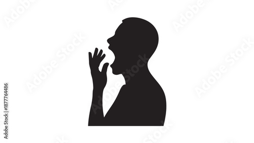 Silhouette of a man in contemplative pose with hand to chin in dark monochrome on white background for profile