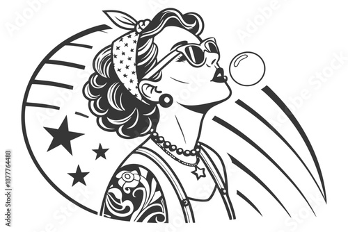  Retro pinup style, woman with curly hair, cat-eye glasses, blowing bubble gum, tattoo sleeves, choker necklace, pendant, vintage look, black and white illustration, detailed line art, 1950s inspired