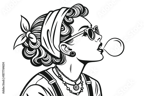  Retro pinup style, woman with curly hair, cat-eye glasses, blowing bubble gum, tattoo sleeves, choker necklace, pendant, vintage look, black and white illustration, detailed line art, 1950s inspired
