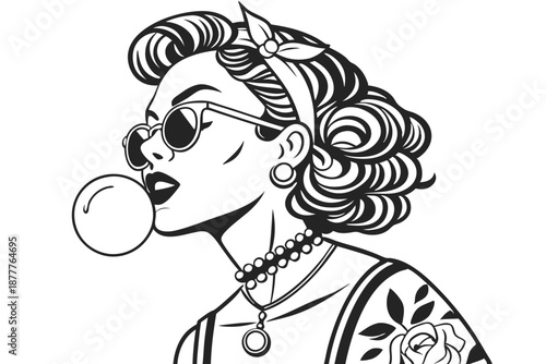  Retro pinup style, woman with curly hair, cat-eye glasses, blowing bubble gum, tattoo sleeves, choker necklace, pendant, vintage look, black and white illustration, detailed line art, 1950s inspired