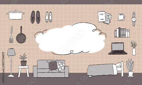 新生活・引越しキャンペーン用バナー　コピースペース付き　手書き風（モノトーン）