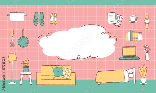 新生活・引越しキャンペーン用バナー　コピースペース付き　手書き風（レトロポップ）