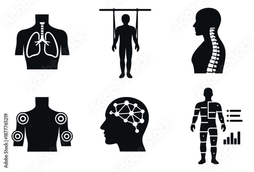 Silhouette human body and health icons set featuring anatomical structures, fitness, and diagnostic concepts for medical, wellness, and educational purposes