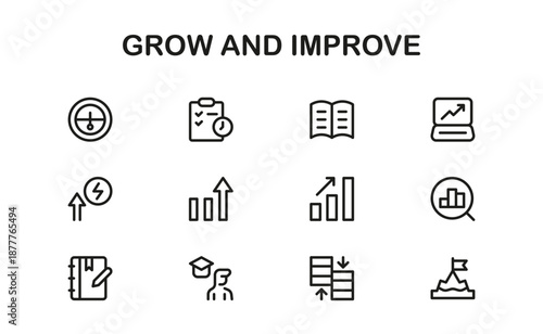 Grow and Improve Professional Line Icon Set. Modern minimal vector graphics illustrating positive growth improvement progress and long term success
