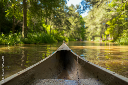 View from the bow of a canoe gliding through a calm river, surrounded by greenery, inviting contemplation and inner journey