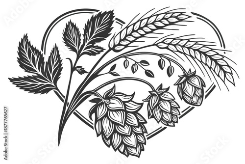 Detailed black and white illustration, heart-shaped composition, hops and wheat, intricate botanical drawing, vintage engraving style, beer ingredients, artisanal brewery logo, textured shading, sym