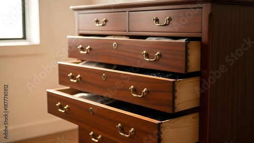 A wooden dresser with multiple drawers, some slightly ajar, showcasing its interior contents and