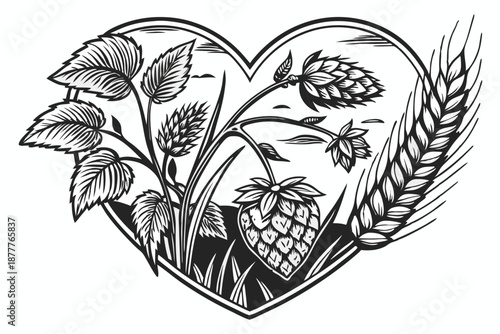 Detailed black and white illustration, heart-shaped composition, hops and wheat, intricate botanical drawing, vintage engraving style, beer ingredients, artisanal brewery logo, textured shading, sym