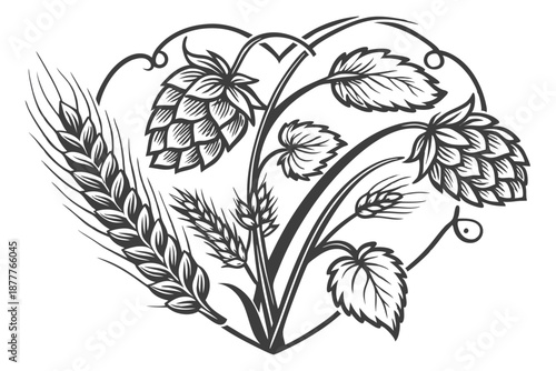 Detailed black and white illustration, heart-shaped composition, hops and wheat, intricate botanical drawing, vintage engraving style, beer ingredients, artisanal brewery logo, textured shading, sym