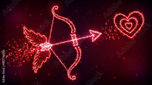 Valentines cupid bow arrow with glowing heart symbol expressing love romance passion attraction celebration illustration background