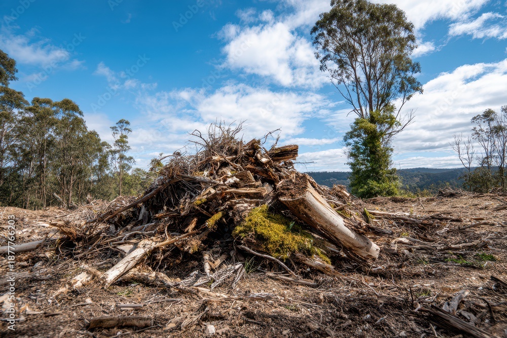 Fototapeta premium Brush pile and timber waste on cleared land in natural woodland