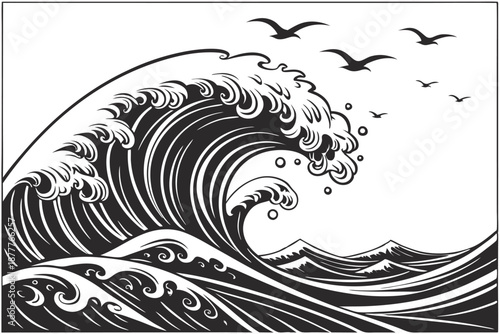 Ocean wave woodcut, dramatic stormy sea, monochrome black and white illustration, detailed curling wave crest, foam and spray, stylized Japanese-inspired art, turbulent waters, swirling patterns, hi