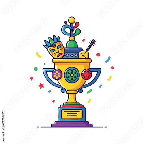 Colorful illustration of a trophy with a festive mask, guitar, and confetti on a white background, conveying a celebratory mood.