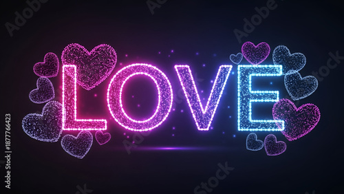 Love glowing neon text with sparkling heart shapes showing romance passion emotion attraction digital illustration background
