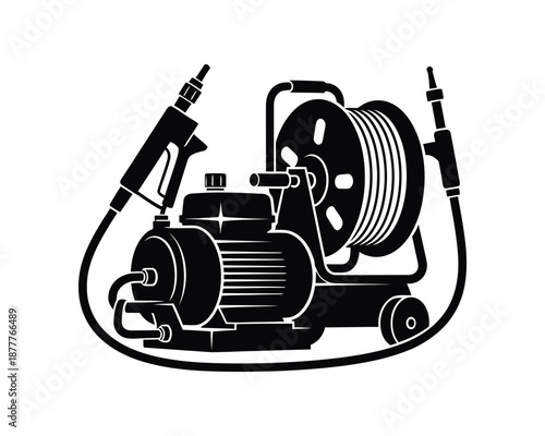 Hydro jetting machine vector silhouette illustration design, hydro jetting machine silhouette, hydro jetting machine vector, water jetting machine silhouette, high pressure water jet cleaner vector