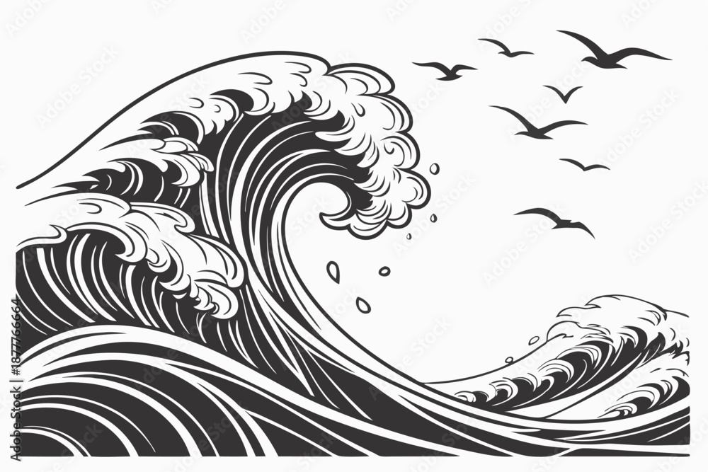 Fototapeta premium Ocean wave woodcut, dramatic stormy sea, monochrome black and white illustration, detailed curling wave crest, foam and spray, stylized Japanese-inspired art, turbulent waters, swirling patterns, hi