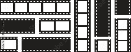 Old filmstrip set. Old fashioned 35mm filmstrip isolated on white background. Filmstrip or border with empty frames. Slide film frame 