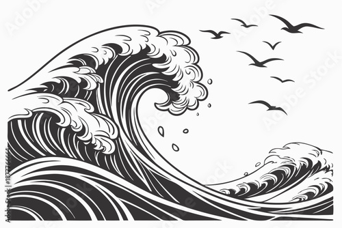 Ocean wave woodcut, dramatic stormy sea, monochrome black and white illustration, detailed curling wave crest, foam and spray, stylized Japanese-inspired art, turbulent waters, swirling patterns, hi