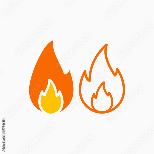 Fire Icon Vector Illustration with Red and Orange Filled Flame and Red Outline Symbol