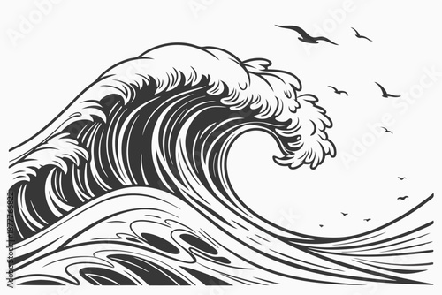 Ocean wave woodcut, dramatic stormy sea, monochrome black and white illustration, detailed curling wave crest, foam and spray, stylized Japanese-inspired art, turbulent waters, swirling patterns, hi