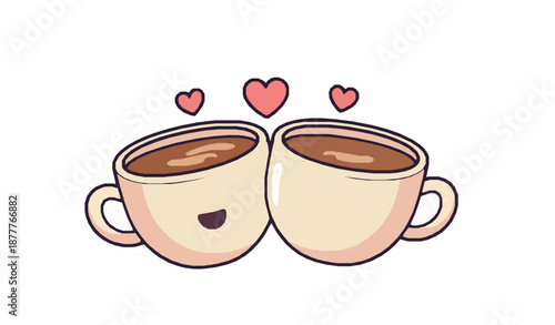Cute Heart Coffee Cups Cartoon Vector Illustration for Love and Cafe Designs