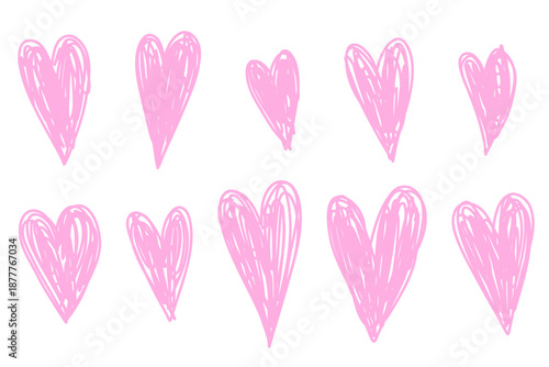 Scrawl Scribble Doodle Pink Heart. Hand drawn hearts. Sketch marker heart. Valentine's Day set. Line art Scribble vector illustration isolated on white background.	