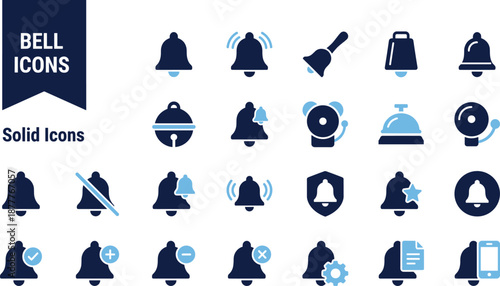 Solid Notification Bell Vector Icons - Blue Alert, Alarm, Subscription, and Reminder Symbols Set
