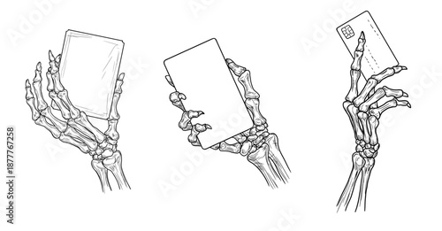Skeleton hand holding sign and bank card, set, sketch. Vector illustration. Skeleton hand with bony fingers, isolated on white background. Suitable for banners, Halloween signs, and various occasions.