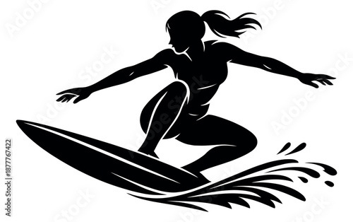 Silhouette illustration of a woman surfer depicting riding a wave for summer sports activity