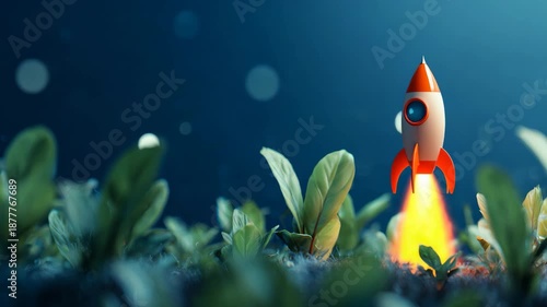 A toy rocket ship blasting off into the night sky from among green plants