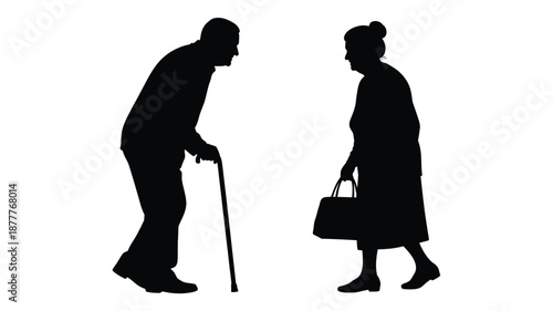 silhouette of elderly couple walking together with cane