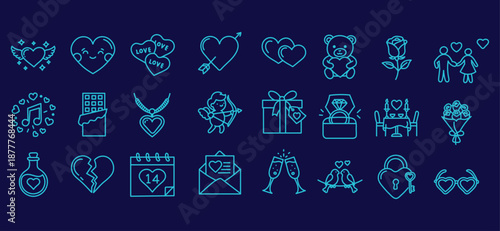 Romantic and Valentine line icon set. Vector pictograms of hearts, gifts, and love symbol, teddy bear, cupid, flower bouquet, engagement ring, chocolate candy, thin linear illustration