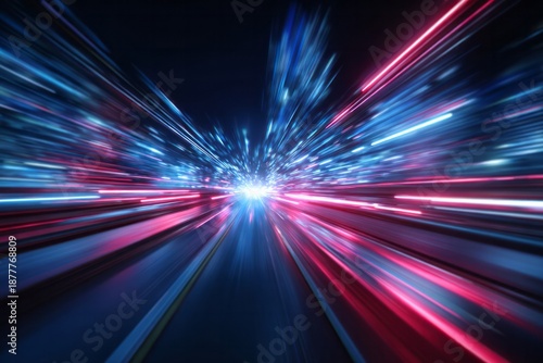 Intense futuristic light streaks race forward across a dark expanse creating an impression of rapid motion