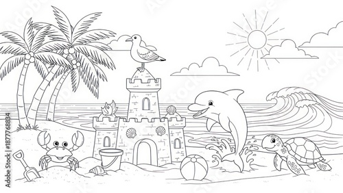 Beach scene illustration with sandcastle dolphin and seaside elements