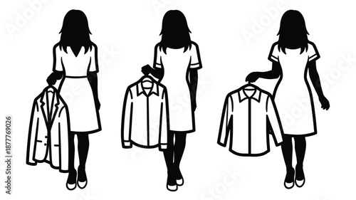 silhouette of women in dresses holding various shirts