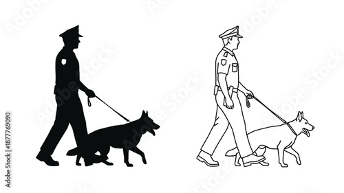 police officers walking dogs on leashes in black and white