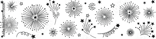 Hand drawn firework doodle set, celebration burst and spark elements isolated on white background