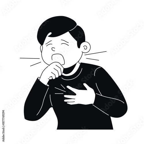 Boy Coughing - Black and White Flat Design Illustration