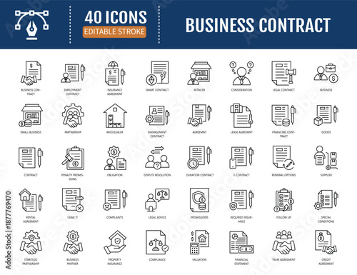 Business contract icon set. Includes agreement,
partnership, financing, legal, management, smart,
validity. Vector illustration with editable strokes