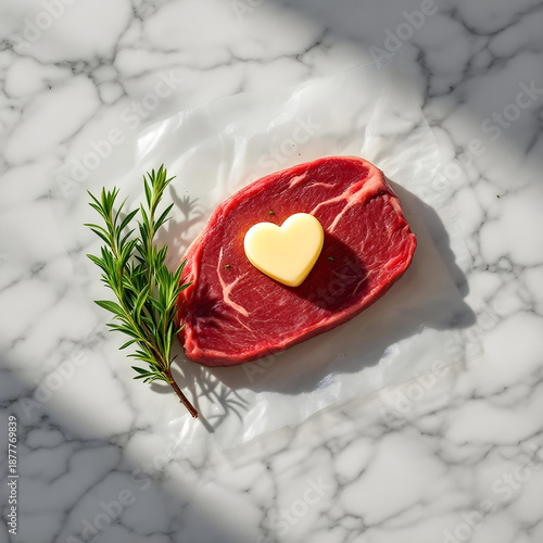 A professional vacuum-sealed steak with a sprig of rosemary and a heart-shaped butter pat, modern kitchen setting