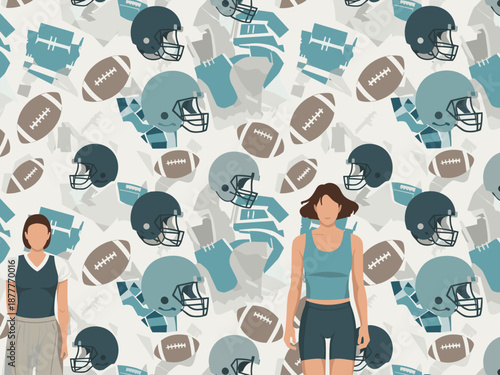 A playful repeating pattern featuring football helmets and footballs with a faceless person. Ideal for sports-themed designs, backgrounds, or branding