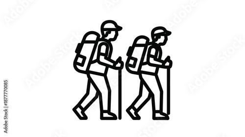 Three hikers with backpacks and walking sticks in a simple line art style