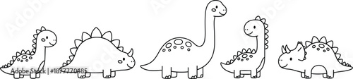 Cute baby dinosaur line art vector set with smiling cartoon prehistoric animals for kids coloring