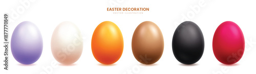 A horizontal vector set of six realistic 3D glossy Easter eggs in solid elegant colors including lavender, cream, gold, bronze, black, and ruby red.