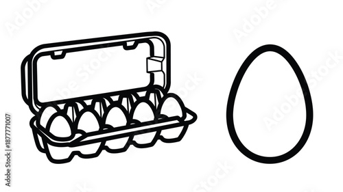 An open egg carton with eggs and a single egg beside it
